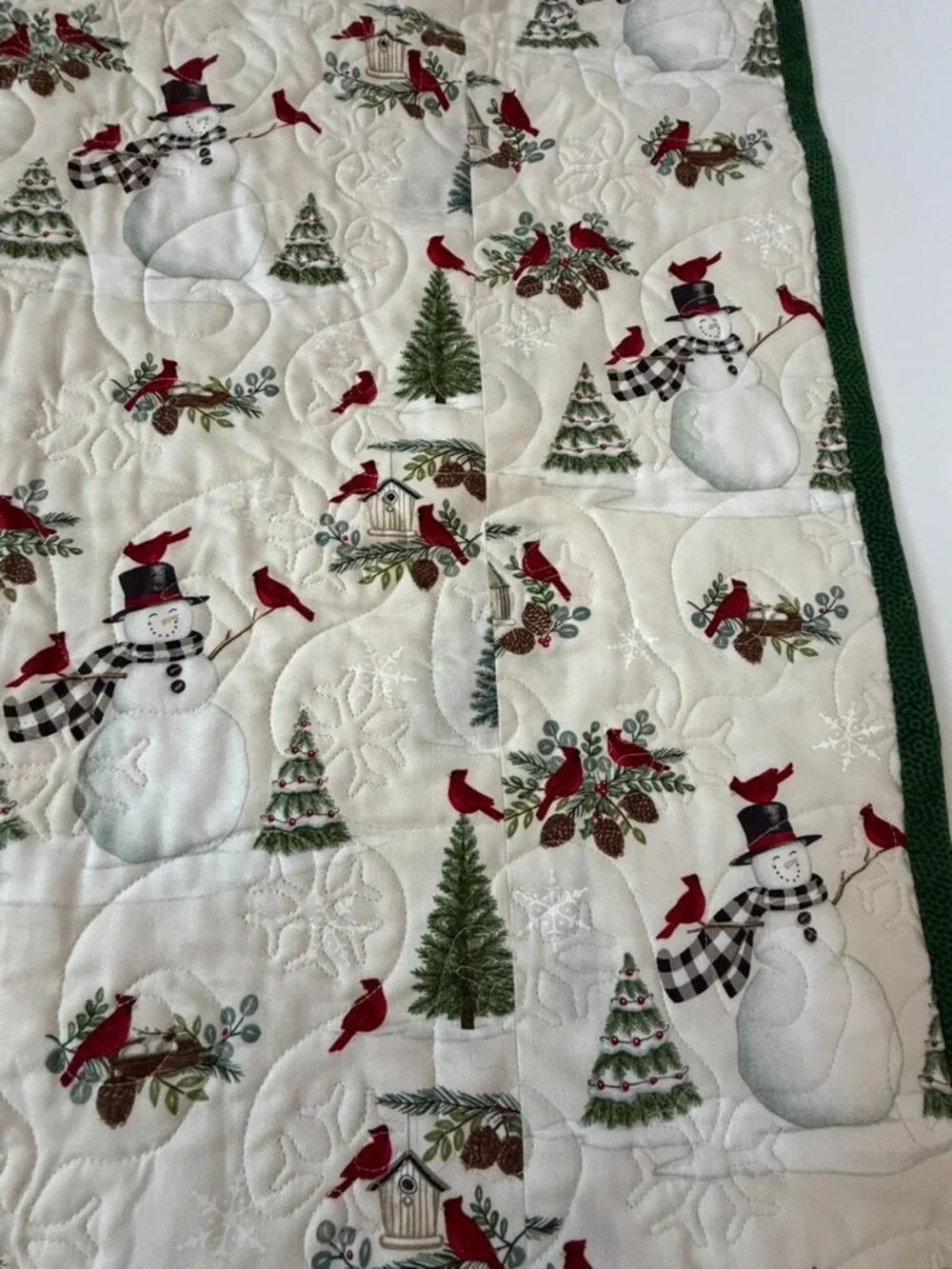 Handmade Quilt 63x43 Christmas Red Cardinal Snowman Friends Snowflake Birdhouse